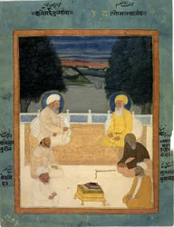 Six Sufi saints seated on a terrace; Khvaja Mu