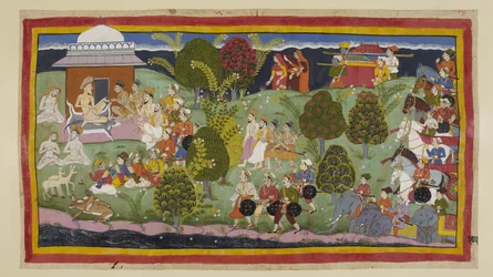 The two princes, the Brahmins and ministers approach the hermitage of Bharadwaja on foot, with the three queens at a distance over the horizon followed by their litters. The army with its elephants and chariots waits behind. On the l