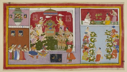 Through his magic powers, Bharadvaja has conjured up a palace in a pleasure ground for the entertainment and refreshment of his guests. Bharadvaja and the other ascetics and Brahmins sit in the throne-room, while the two princes fir