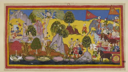 The tumult of the approaching army having alarmed Rama, he tells Laksmana to climb up a tree to find out what is causing the din