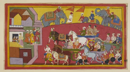 The chariots of Vasistha and the princes, attended by various ministers and people, enter the town of Nandigrama