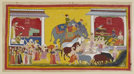 Rama has not been able to dissuade Sita or Laksmana from accompanying him, and the three now give away all they possess. Seated in a pavilion on the left, Sita distributes her jewels and clothes to the townspeople, while the Brahmin Su