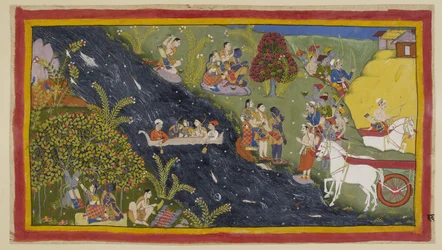 The companions have reached the river Ganges and Guha, the Nisada chief, has come to greet them along with some of his people from their nearby town. Rama asks him to provide a boat so that they can cross the river