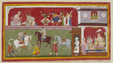On the right in the palace, the princes ask the king for teachers of religion, arts and sciences, while above two ladies at a carpeted jharokha window look down on them on the left as they practise horsemanship on the exercise ground