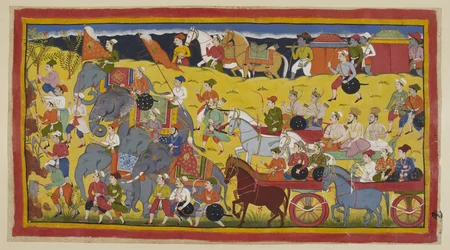 The princes with their gurus, ministers and army set out for the forest, preceded by men hacking down the trees to make a path and by the royal elephants. Two litters convey the queens, preceded by two led riding horses.