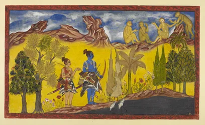 In their desperate search for the abducted Sita, Rama and Laksmana have come to the Pampa lake, which is covered with lotuses and surrounded by flowering trees. It is the spring season and Rama is continuously reminded by the mating birds.