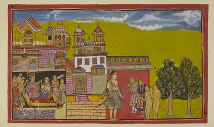 Laksmana, still at the gates of Kiskindha, is welcomed by Sugriva