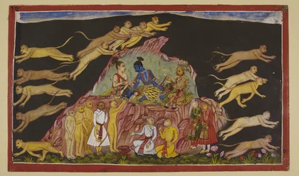 Rama, Laksmana and Sugriva are seated on a rocky eminence. Sugriva divides his vast forces into four and sends them out to search the four quarters for Sita. To each troop leader he describes the terrain that they will be encountering