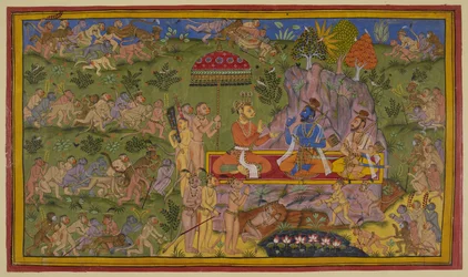 The monkey forces have scoured the northern, eastern and western regions in vain and return to tell Sugriva and Rama of their disappointment. Sugriva Sita on a rug under a royal umbrella and is offering pan (betel-chews) to the two brothers