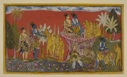 Hanuman now brings Rama and Laksmana into the presence of Sugriva on the mountain. Rama and Sugriva clasp hands in token of their vow of friendship, watched by Laksmana and the other monkeys; and then, in a similar spirit, the two walk