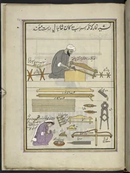Carpenter and wife making a shawl loom, 86 drawings bound into a volume depicting trades and occupations in Kashmir, Craftsmen are shown at work with their implements and equipment