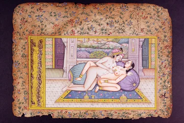 Erotic Scene in a Luxurious Boudoir, Rajasthani Miniature Painting