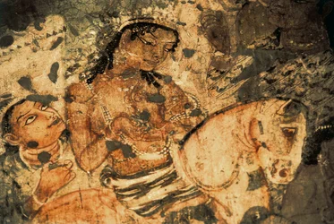 Figure of a woman on the back of a horse, Mural painting in the Ajanta caves (number 1), Gupta period, 5th-6th century
