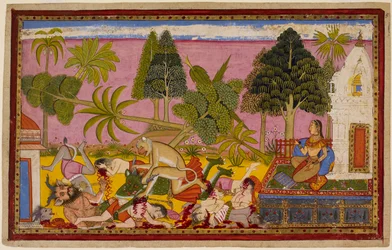 Hanuman attacks the demons, destroys the pleasure garden, and defeats Ravana
