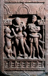 Indian Art: Sundarananda helping Sundari with her toilet. Period Kouchane