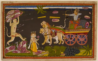 Indrajit battles Hanuman, who allows himself to be captured to meet Ravana, trusting the gods