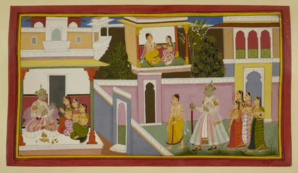King Dasaratha and his queens welcome Rishyasringa and Shanta