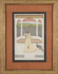 Lady enticing a peacock with a strand of pearls