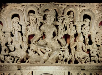 Lintel featuring Hindu trinity, from Waranal, Andhra Pradesh, Kakatiya dynasty