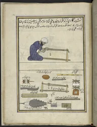 Man making combs for looms, 86 drawings bound into a volume depicting trades and occupations in Kashmir, Craftsmen are shown at work with their implements and equipment, By a Kashmir artist, probably at Srinagar
