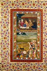 Young man with his teachers and Payment of tribute to a ruler, miniatures from a Muraqqa album