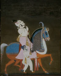 Nobleman of Mewar Riding Mrigarao with an Attendant on Foot