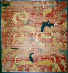 Portion of a Carpet with Fantastic Animals on Red Ground, Mughal