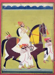 Portrait of Kumbhawat Kesari Singh of Asop, riding a horse, smoking a hookah and accompanied by attendants, Jodhpur, c.1810-20