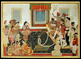 Prince Mahadaji Sindhia Entertaining a British Army Officer and a Naval Officer to a Nautch, c.1820