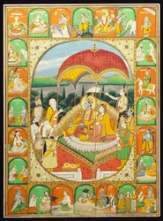 Rama and Sita Enthroned, worshipped by Shiva, Hanuman and others, 1800-20