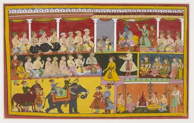 Rama listens to Lava and Kusha chant the Ramayana, with monkeys and Vibhishana