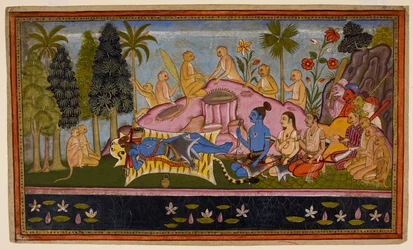 Rama, in his tiger skin, spends three days pleading with the Ocean, but it remains unresponsive. c1653 (miniature)