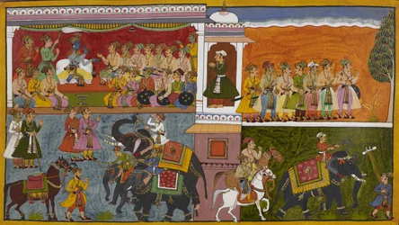 Rama sends courtiers to investigate rumors about Sita, with them departing on horseback and elephants