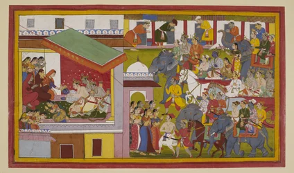 Rama’s triumphant procession enters Ayodhya; he bows before the queens
