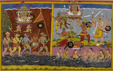 Ravana advances to fight Arjuna, who defeats his general Prahasta
