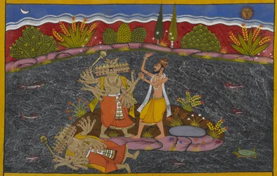 Ravana battles the mahatma, the sage Kapila, who vanquishes him