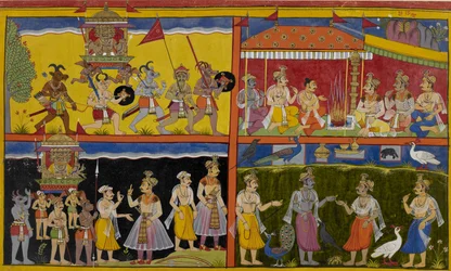 Ravana disrupts a sacrifice, the gods hide as animals, then reveal themselves