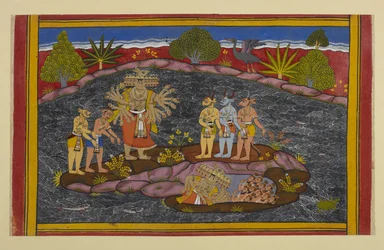 Ravana Seeks the Purusha, Enters a Cave, and Finds Thousands of Exalted Beings