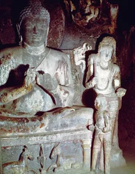 Seated Buddha making the first teaching gesture, from the Caitya Hall of Cave 10