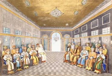 The Nawabs and Kings of Oudh in a Palace Interior with Their Servants in Attendance