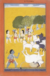The Young Krishna Kills the Demon Vatsasura, who came in the Guise of a Calf
