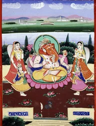 The divinity Ganesha, daughter of Shiva and Parvati. Indian popular print of the 19th century