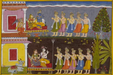The gods ask Shiva to destroy the rakshasas; he directs them to Vishnu, who agrees