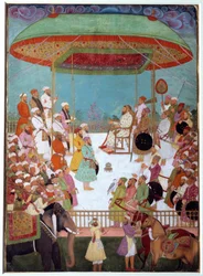 Two Portuguese at the court of a vizir. Indian miniature of the 17th century. Oxford University, England