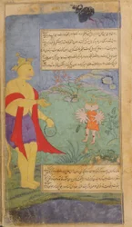 Having flown to the four oceans to perform devotions with the humiliated Ravana at his belt, Vali returns to Kiskindha and mockingly interrogates the raksas