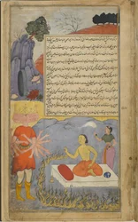 Ravana converses with Mahajambunada, who is surrounded by a ring of fire and attended by Lakshmi