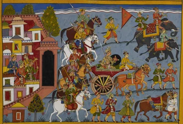 Shatrughna departs Ayodhya to return to his kingdom, with his attendants
