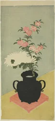 White Chrysanthemums and Pinks in a Black Vase