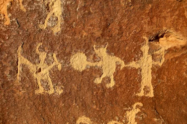 In Nine Mile Canyon on Warrior Ridge various Fremont fighting and battle scenes from the panels