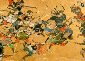 Middle two panels depicting scenes from the Battle of Osaka, Japan, 2005